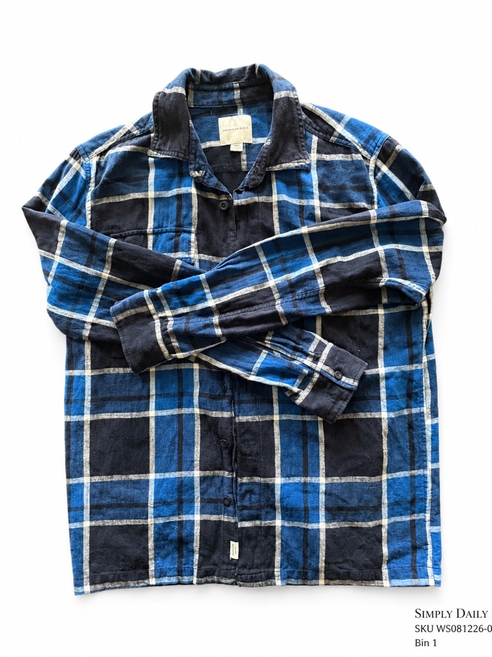 American Eagle Men’s Medium Blue Plaid 100% Cotton Flannel Button Shirt
